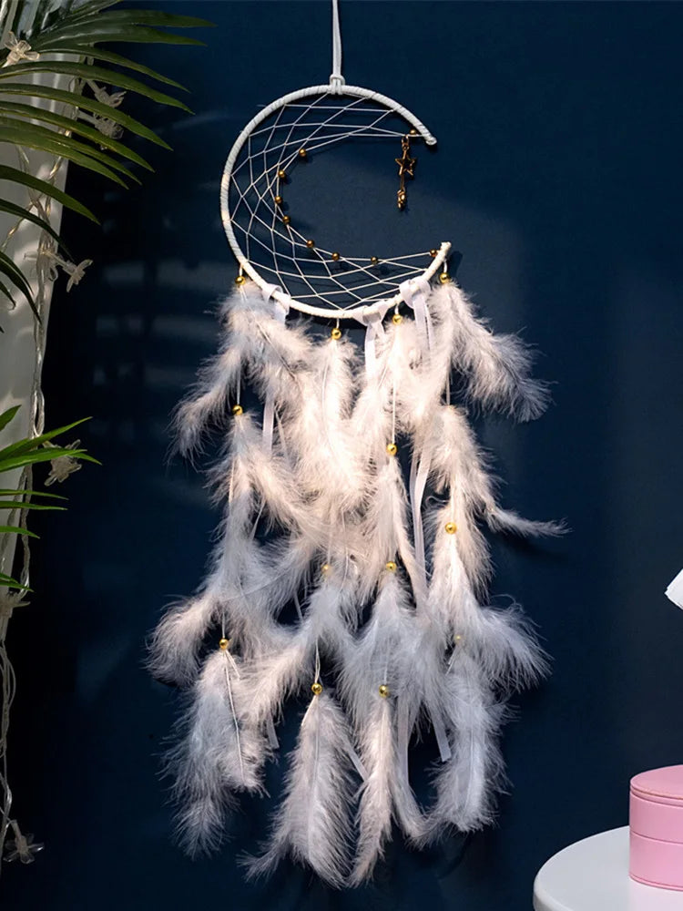 attrape rêves plumes lune boho rose bleu blanc décoratif chambre fil suspendu