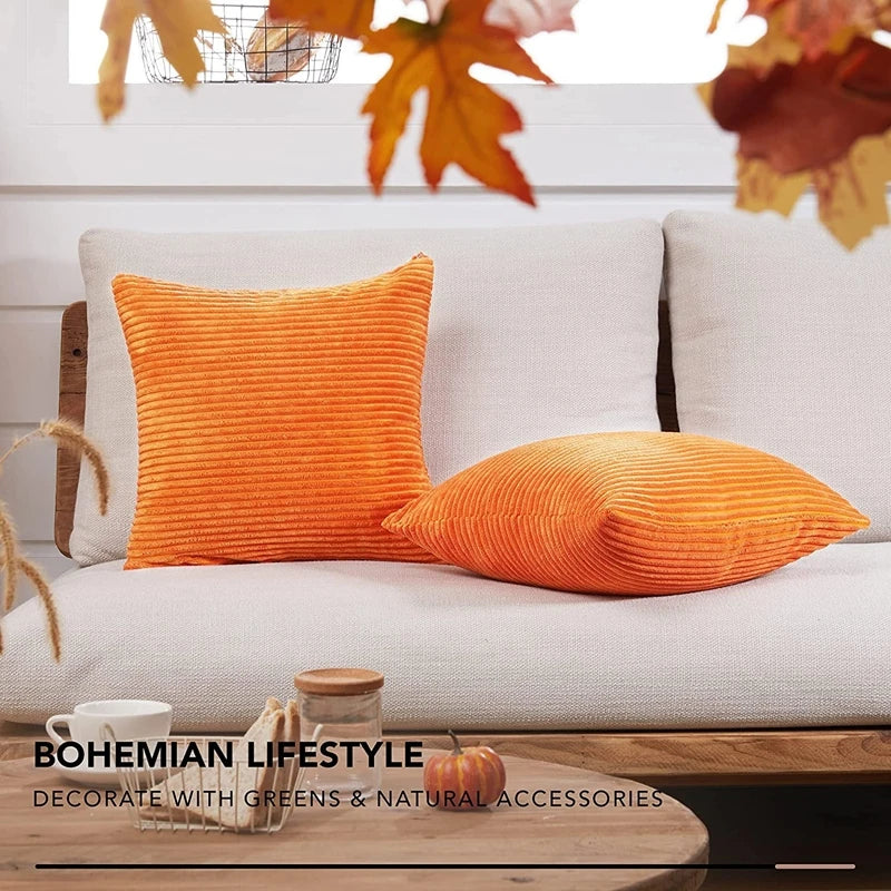 housse coussin velours côtelé orange rayé décorative canapé salon moderne zip invisible textile doux
