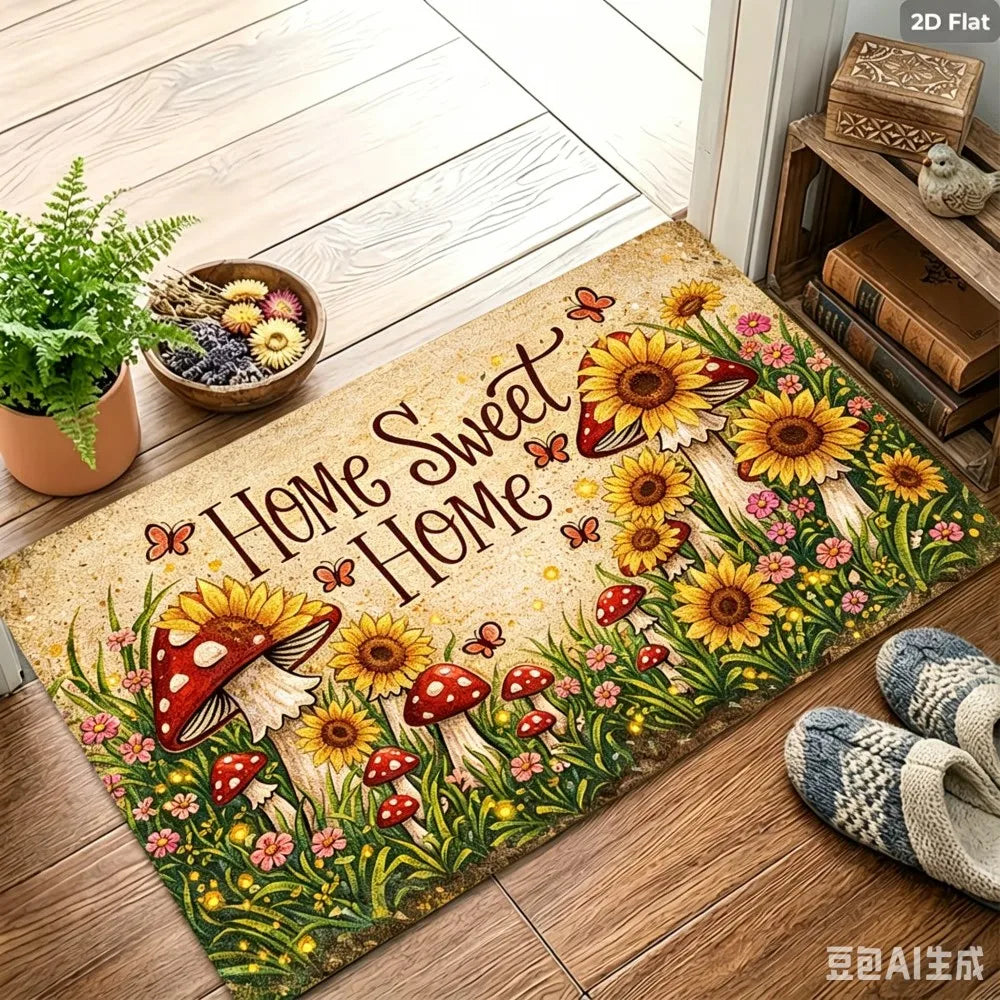 tapis d'entrée moderne multicolore motif champignons fleurs texte Sweet extérieur résistant rides polyester 30x50cm