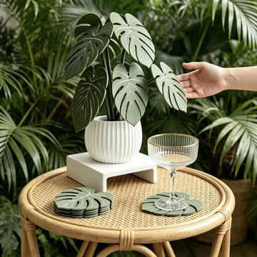 sous verres forme feuille monstera imprimés 3D vert foncé antidérapants résistants chaleur maison salon