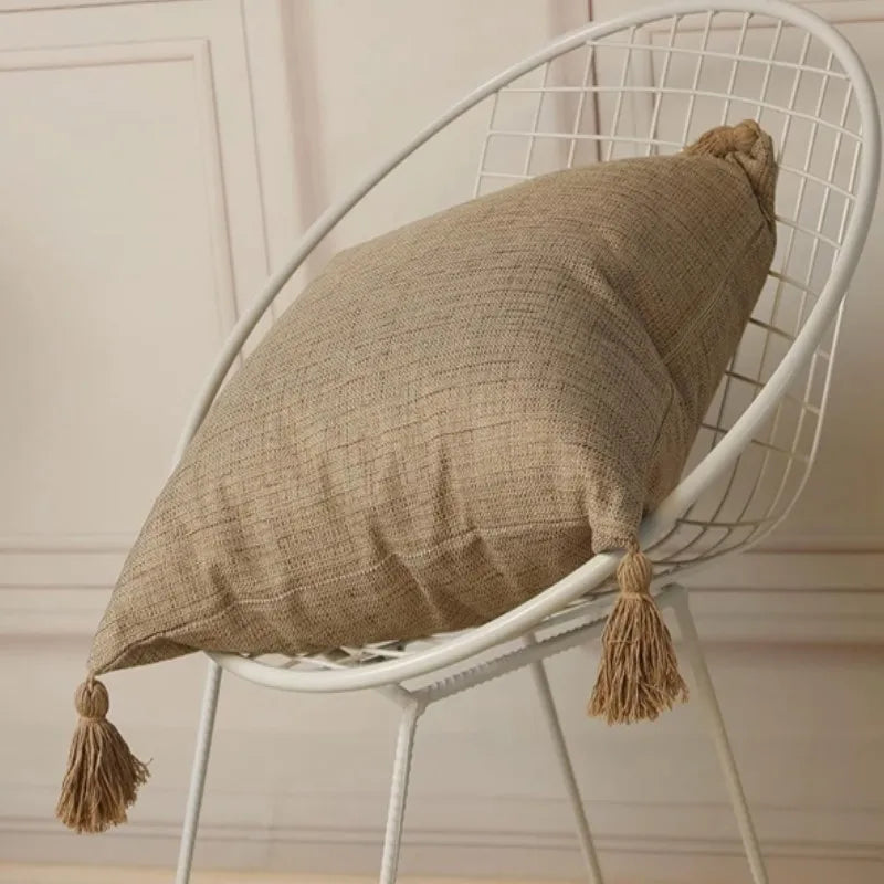 coussin carré texture tissée rustique beige lavable 45x45cm pompon adhésif