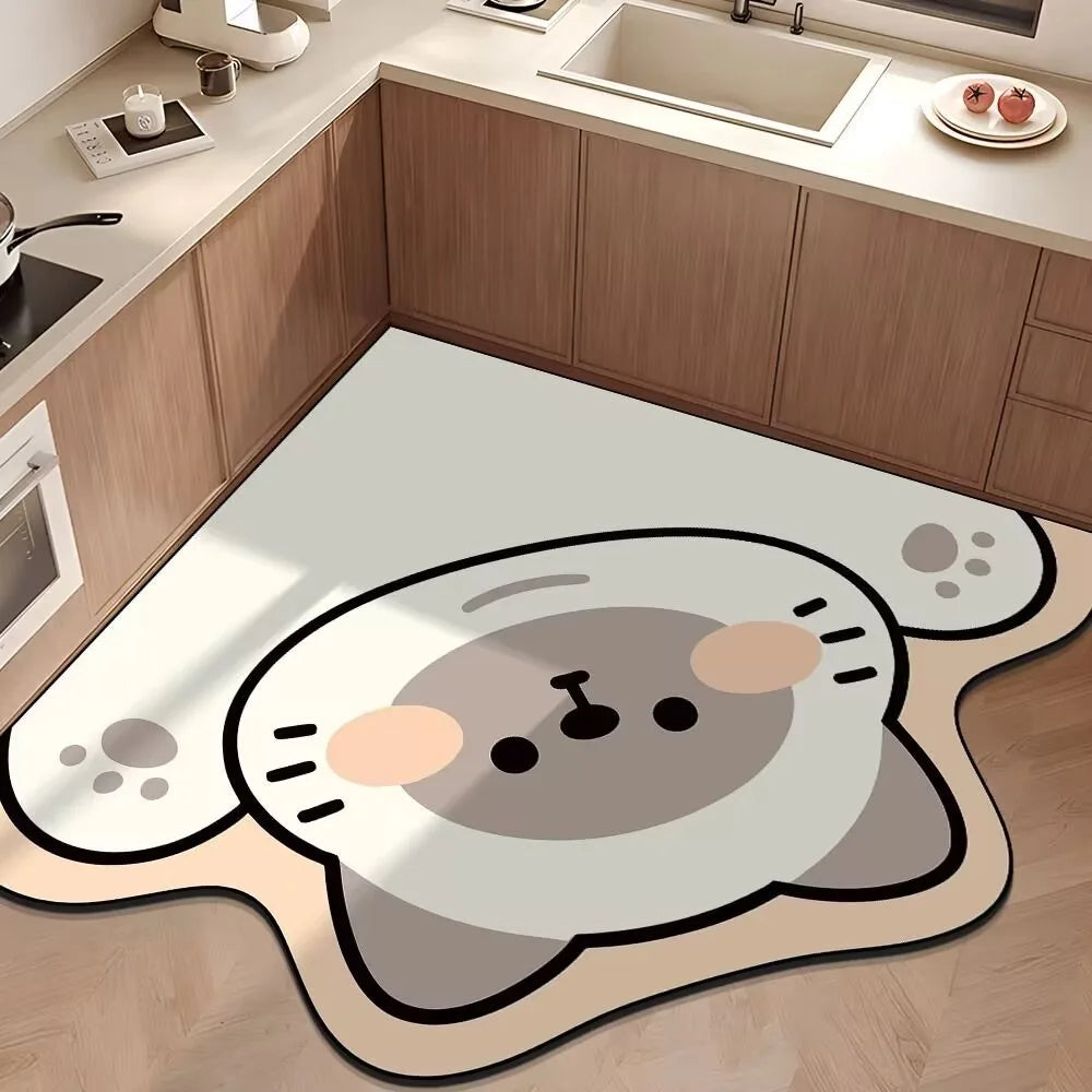 tapis dessin animé animaux antidérapant PVC marron beige gris rose clair noir salle bain