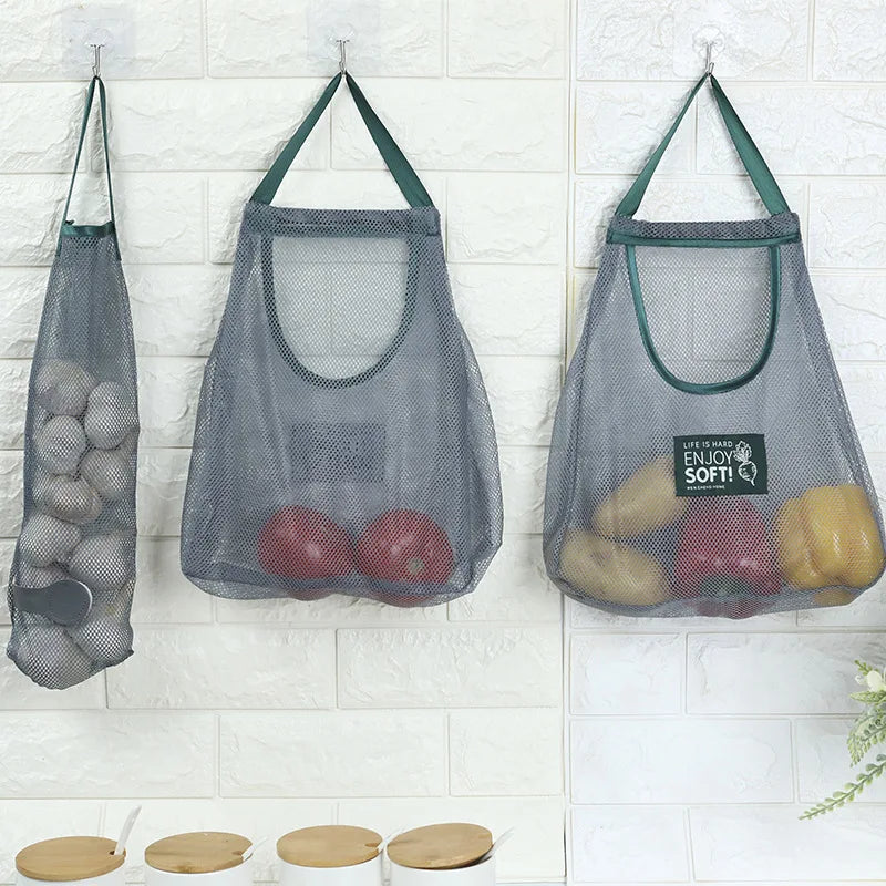 sac rangement toile gris vert maille pliable réutilisable porte mur crochets poignées fermeture magnétique
