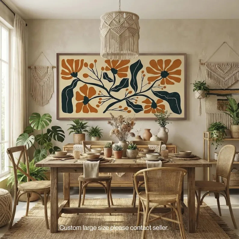 tableau impression toile fleur stylisée moderne beige orange vert opaque sans cadre chambre salon