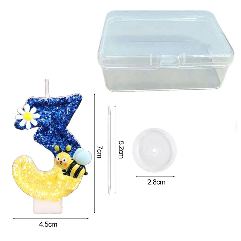 bougies anniversaire chiffres paillettes bleu jaune motifs fleurs décoratives enfants fixations boîte rangement