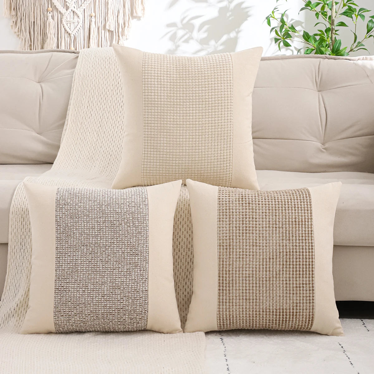 housse coussin patchwork polyester moderne beige clair motif carrés décoration intérieur voiture
