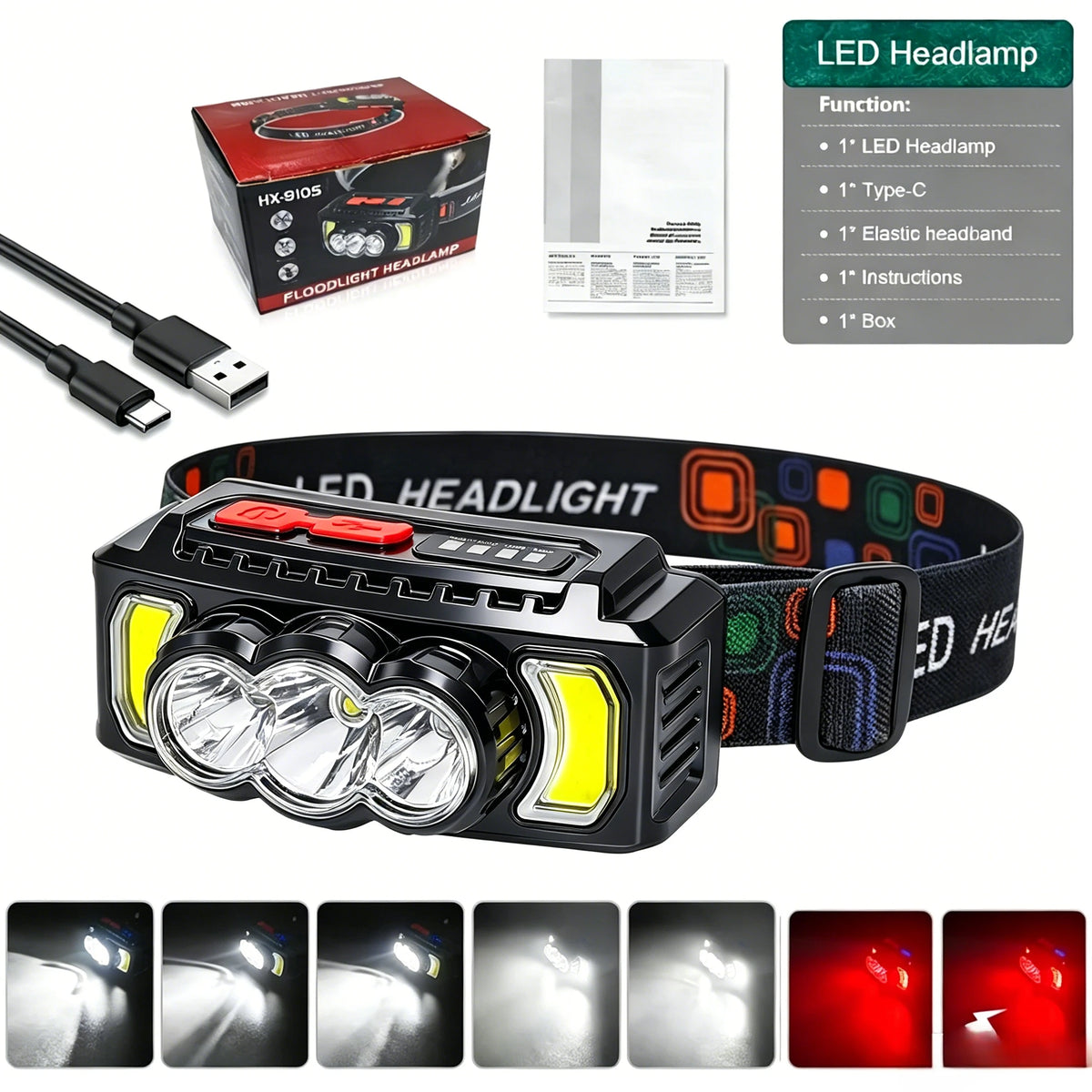 lampe frontale led rechargeable camping pêche rayures noires orange ceinture ajustable haute luminosité usb