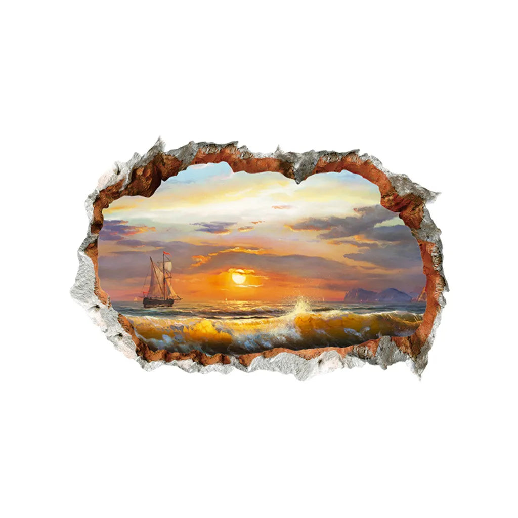 sticker mural 3d paysage marin coucher soleil bateau vagues multicolore réaliste effet trompe l'oeil