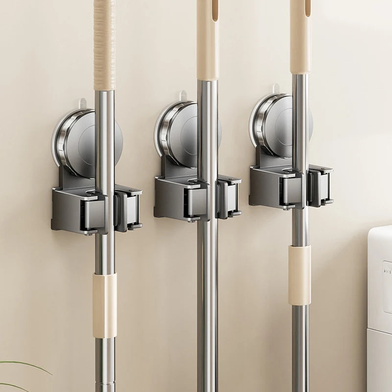porte balai mural ventouse gris lisse perforations moderne salle bain rangement minimaliste
