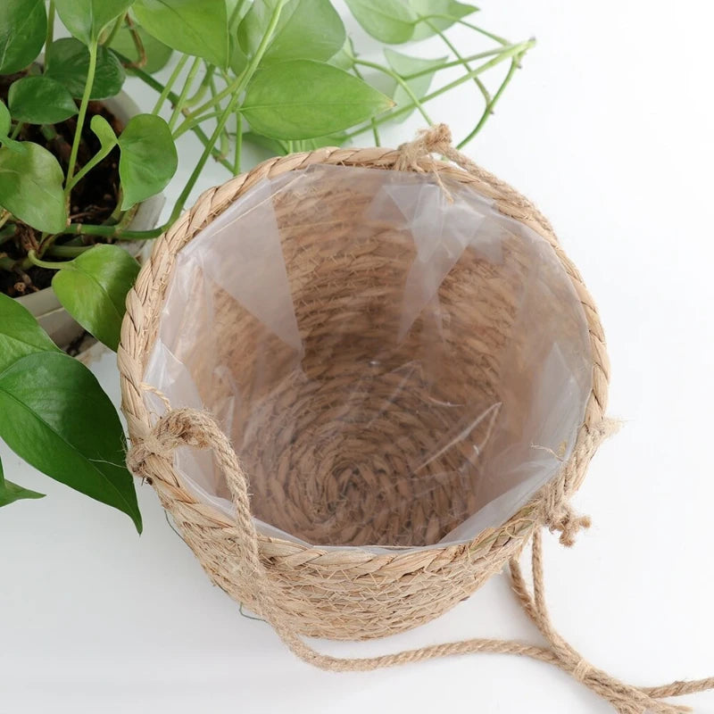 panier suspendu tissé fibres naturelles beige gris vert rustique boho chic cordelette plante verteintérieurextérieurDecorationMaison