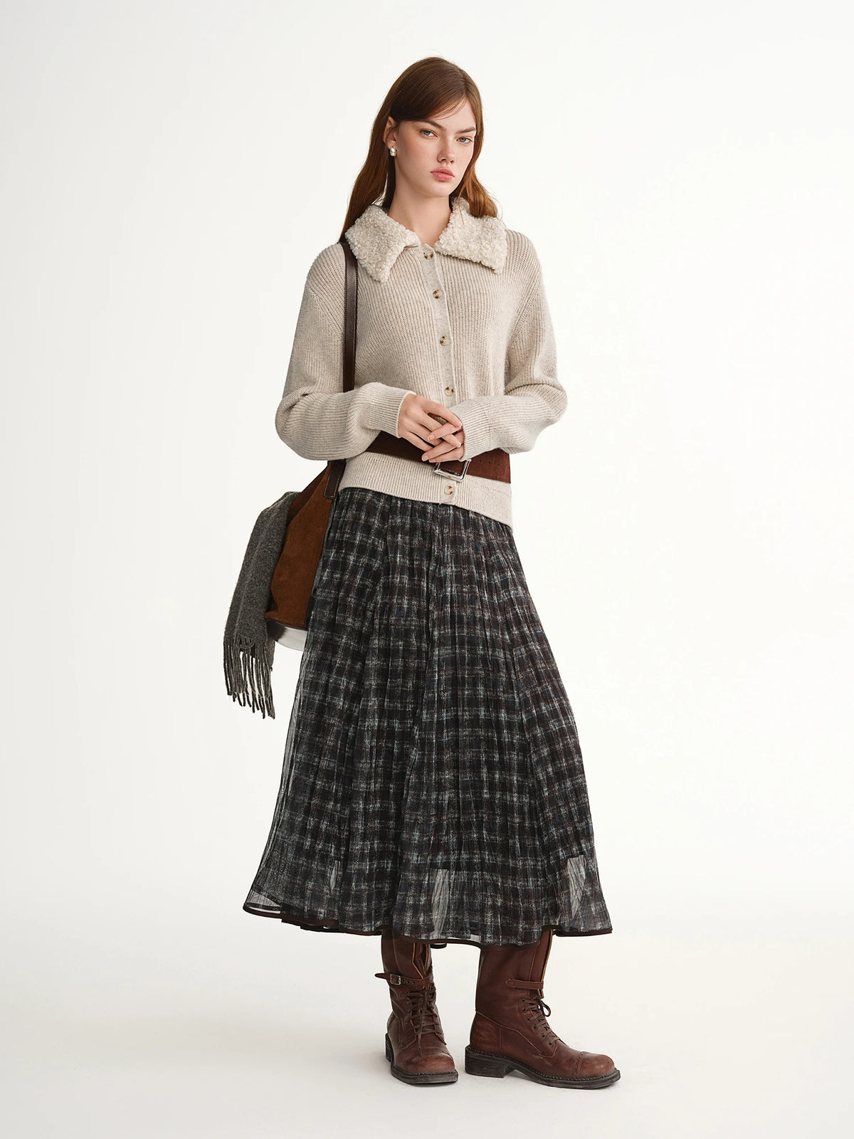 jupe plissée carreaux gris noir femme hiver classique polyestère loose midi