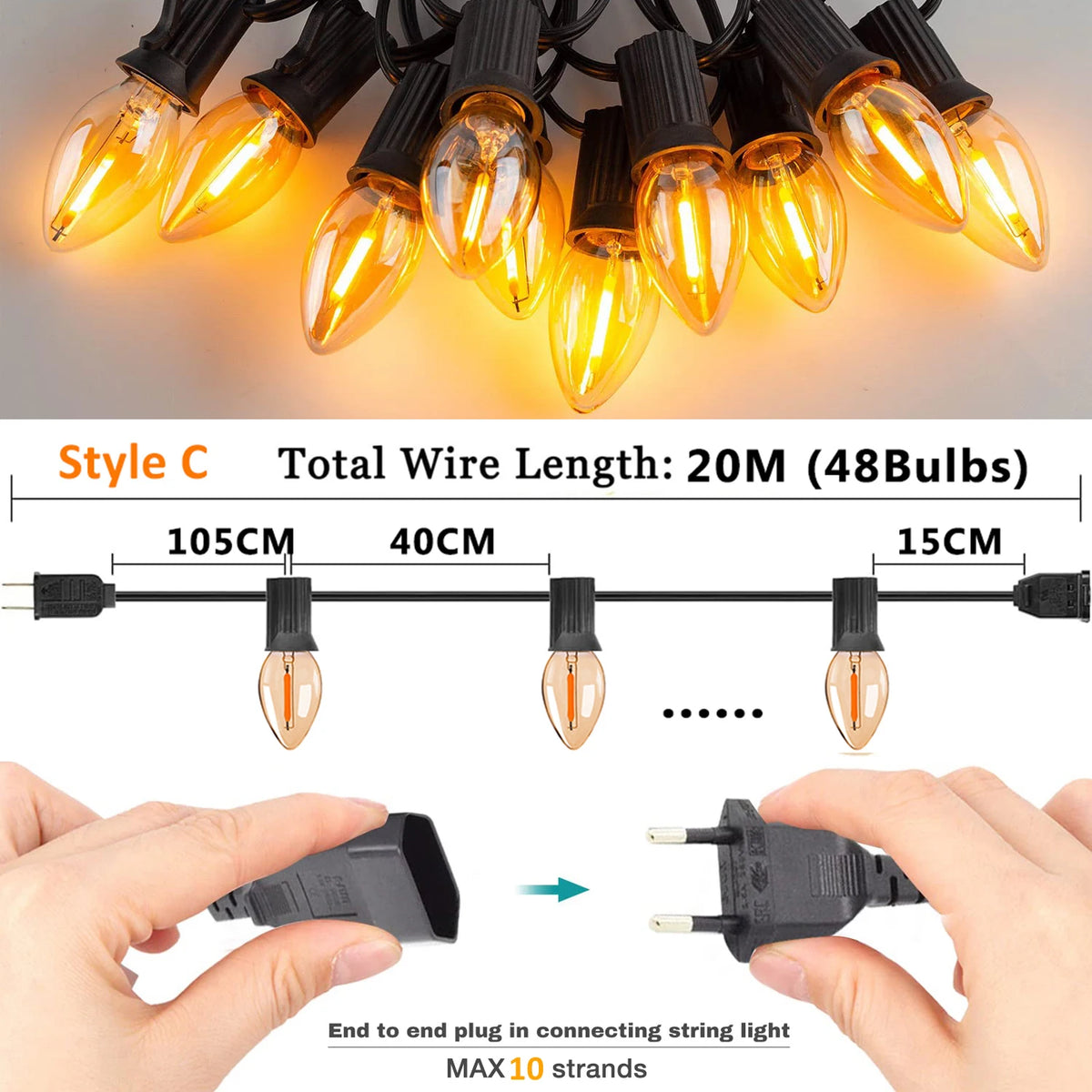 guirlande lumineuse extérieure imperméable 20m 48ampoules edison jaune arbre noel