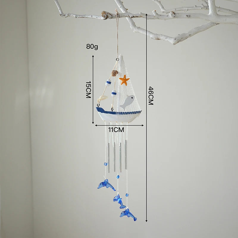 mobile vent thème marin motifs maritimes roue bateau coquillages étoiles mer bleu blanc orange