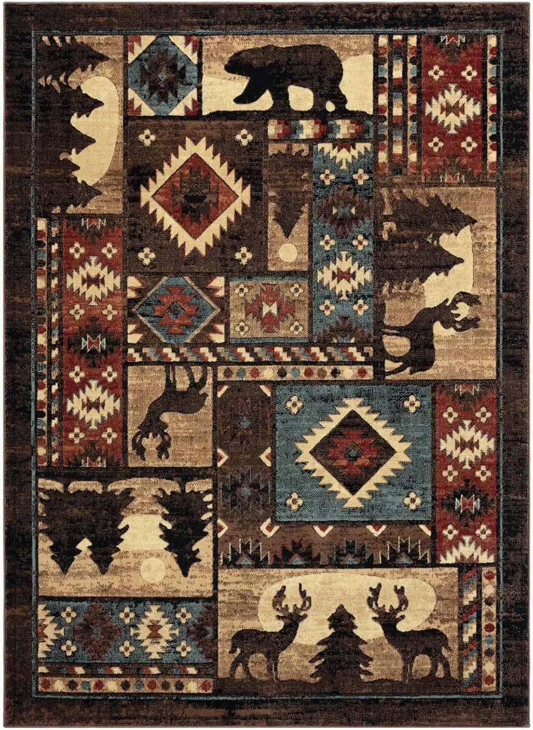 tapis rouge noir beige bleu marron motifs géométriques animaux texture douce rustique ethnique salon