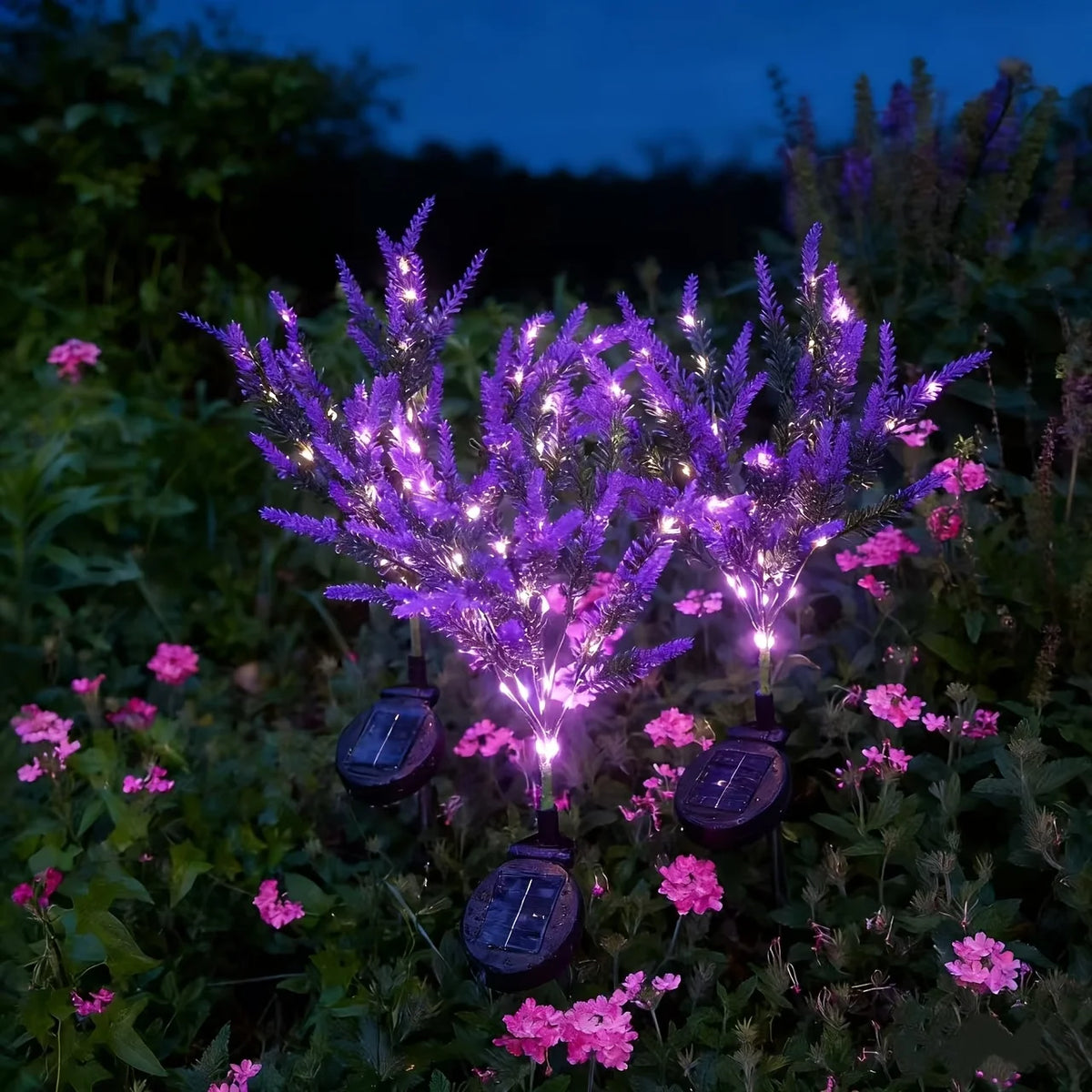 décoration extérieure jardin fleurs lavande led violet feuilles métal solaire ip65 nocturne festive