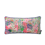 housse coussin scénique imprimé motif oriental cavaliers pagodes animaux moderne bleu rouge vert noir