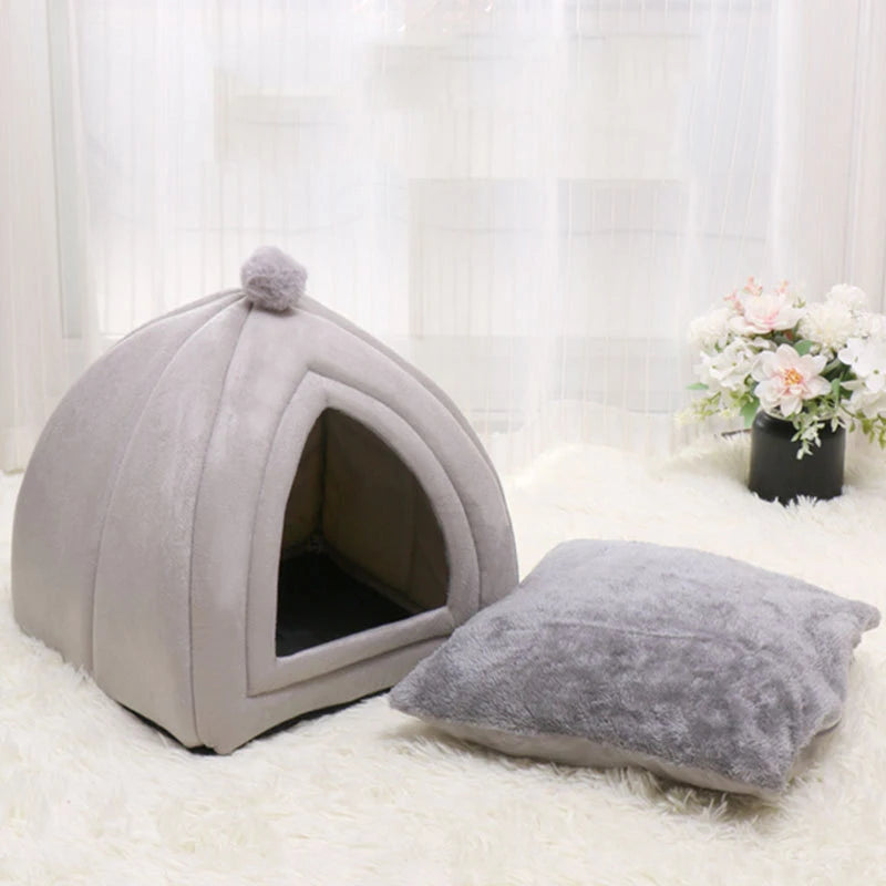 lit chat abri animal velours uni gris rose vert pastel moderne confortable