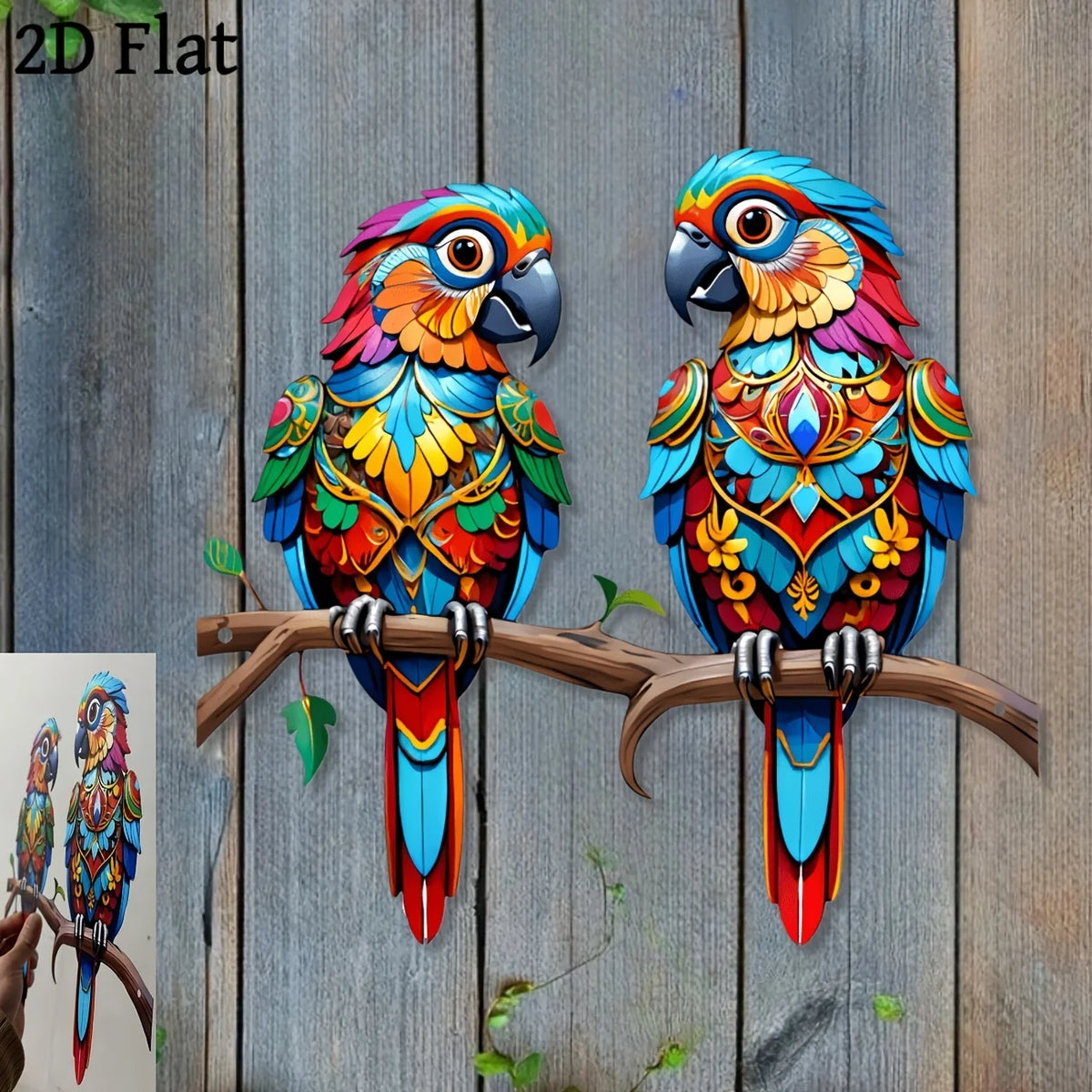 décoration murale oiseau métal bleu vert rouge ornements floraux artisanal patio jardin salon chambre