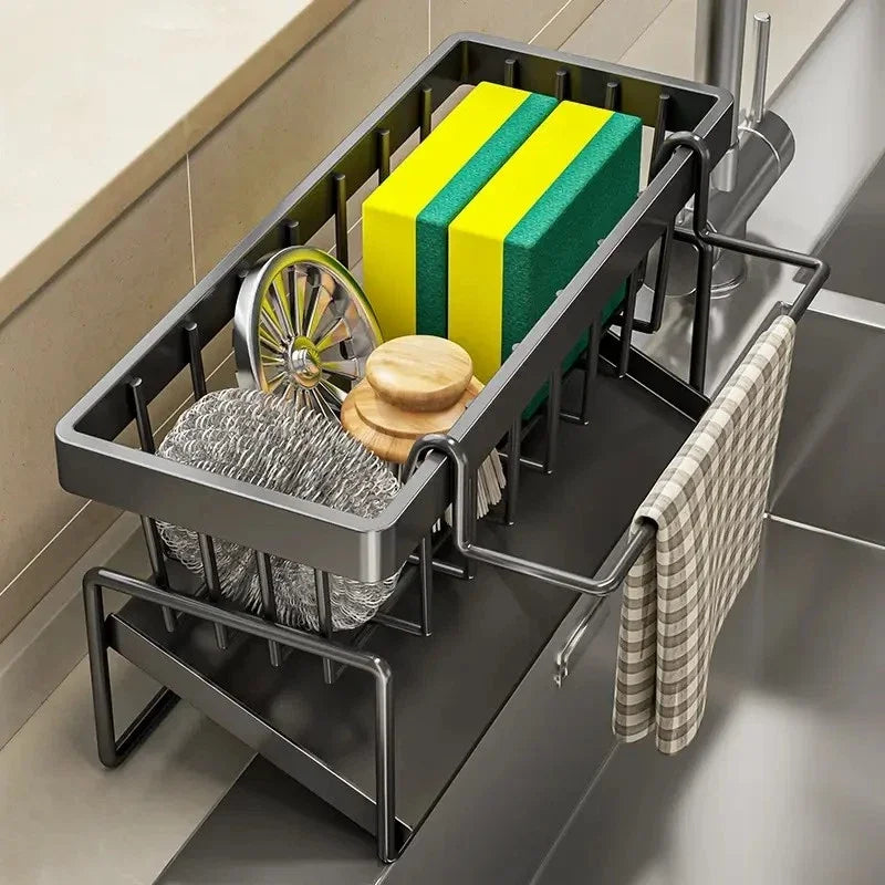 rangement cuisine éponge vaisselle brosse serviettes moderne acier inoxydable noir multifonctionnel pratique
