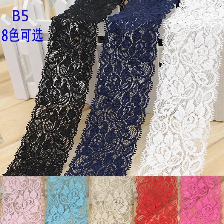 ruban dentelle élastique fleurs noir blanc bleu marine rouge classique 65mm large