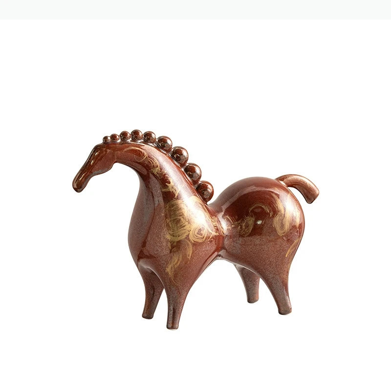 statuette cheval céramique marron rouge motifs dorés texture brillante moderne