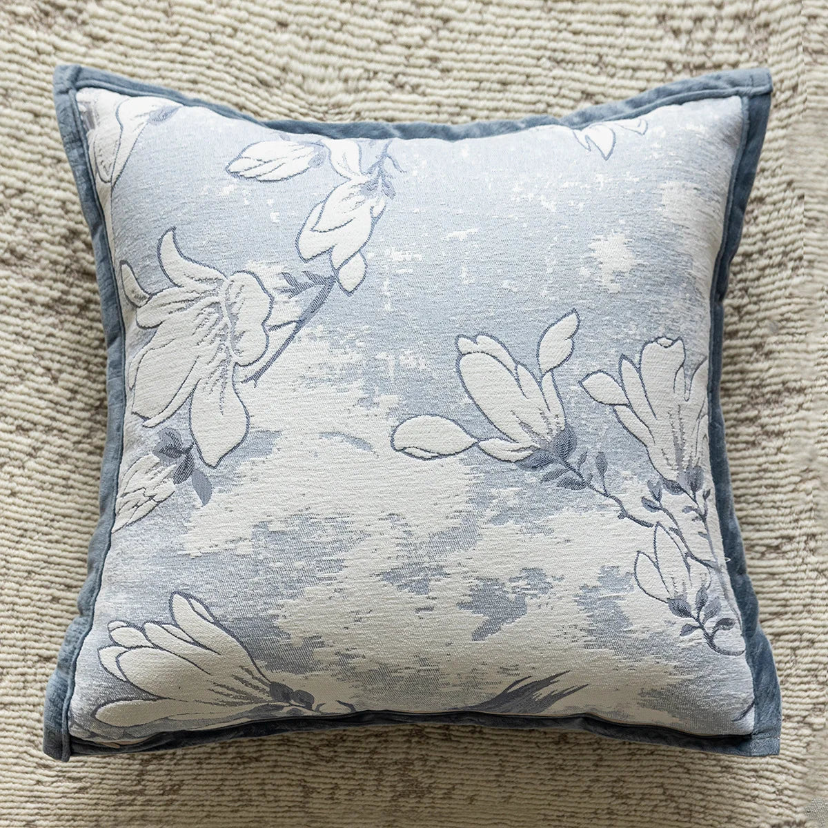 housse coussin carrée jacquard motif floral vert beige gris décoration salon chambre moderne chic