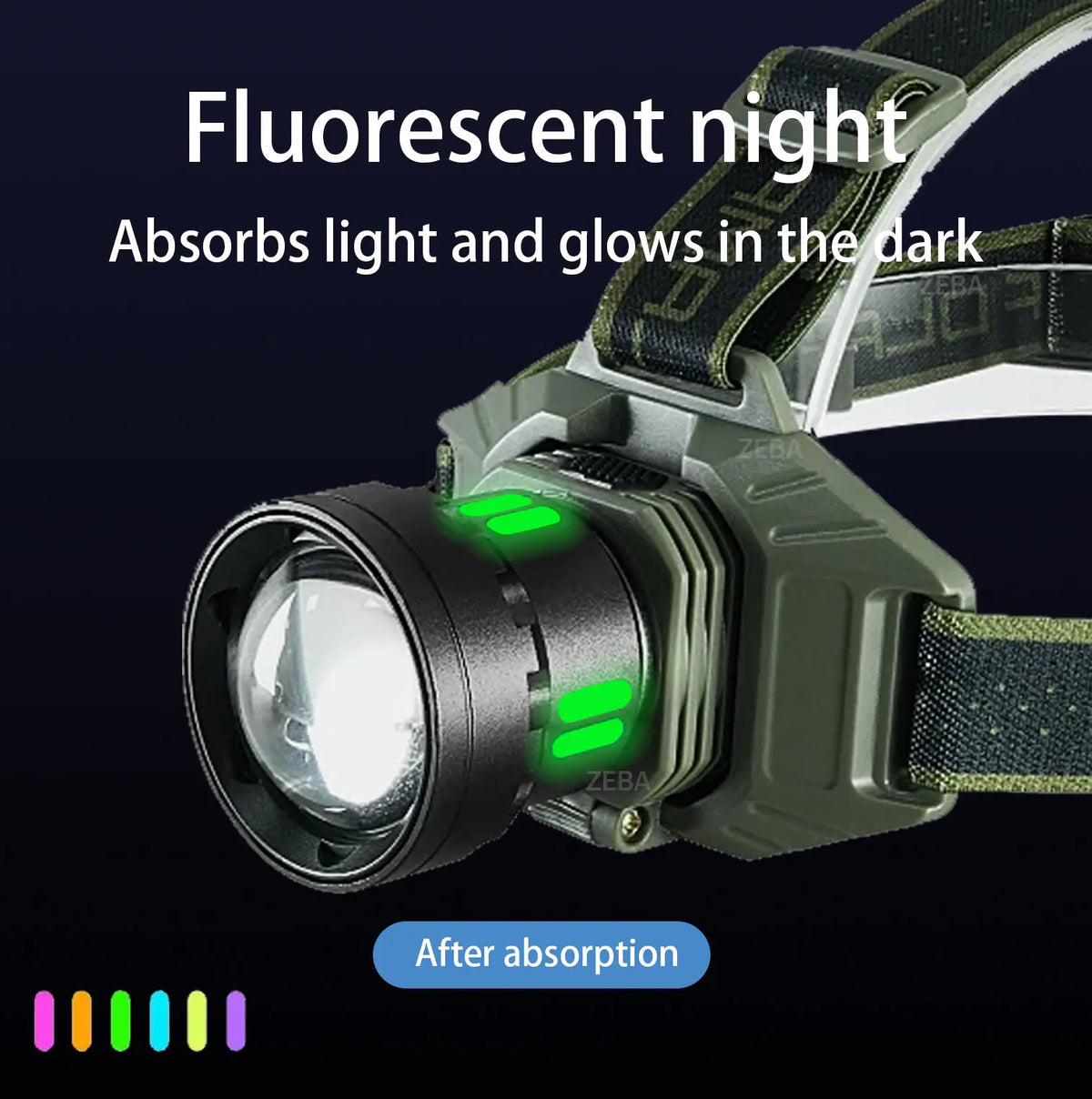 lampe frontale led vert noire tissu motifs pratique camping pêche chasse lumière réglable charge