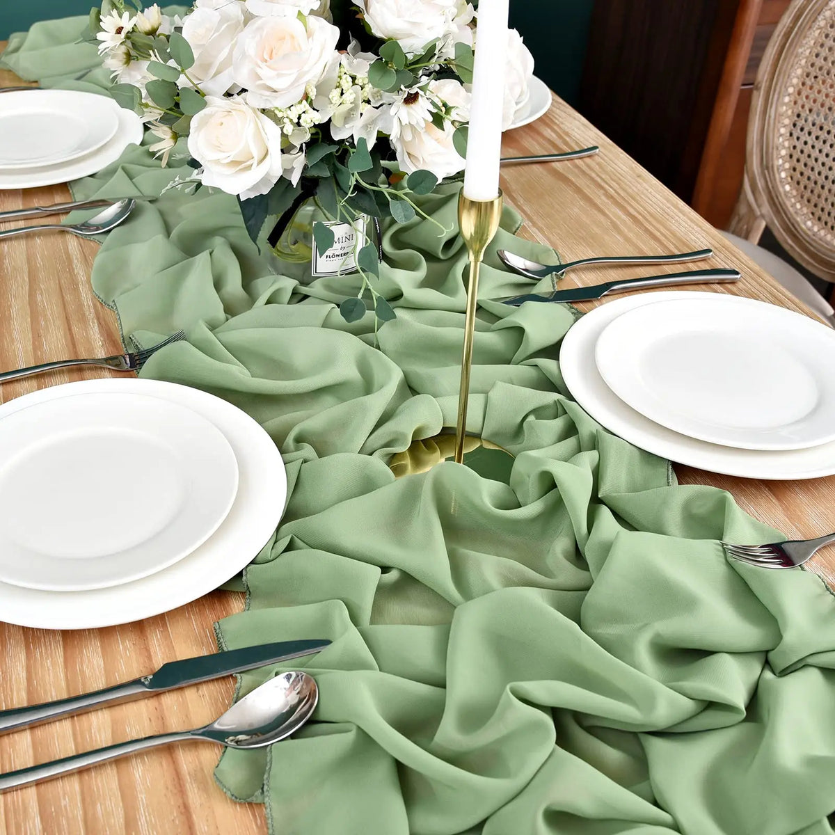 chemin table vert clair moderne uni opaque 30x300cm ruban blanc decoration anniversaire mariage noel