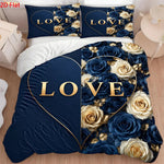 housse couette taies oreiller ensemble literie motif roses love cœur doré romantique bleu doré