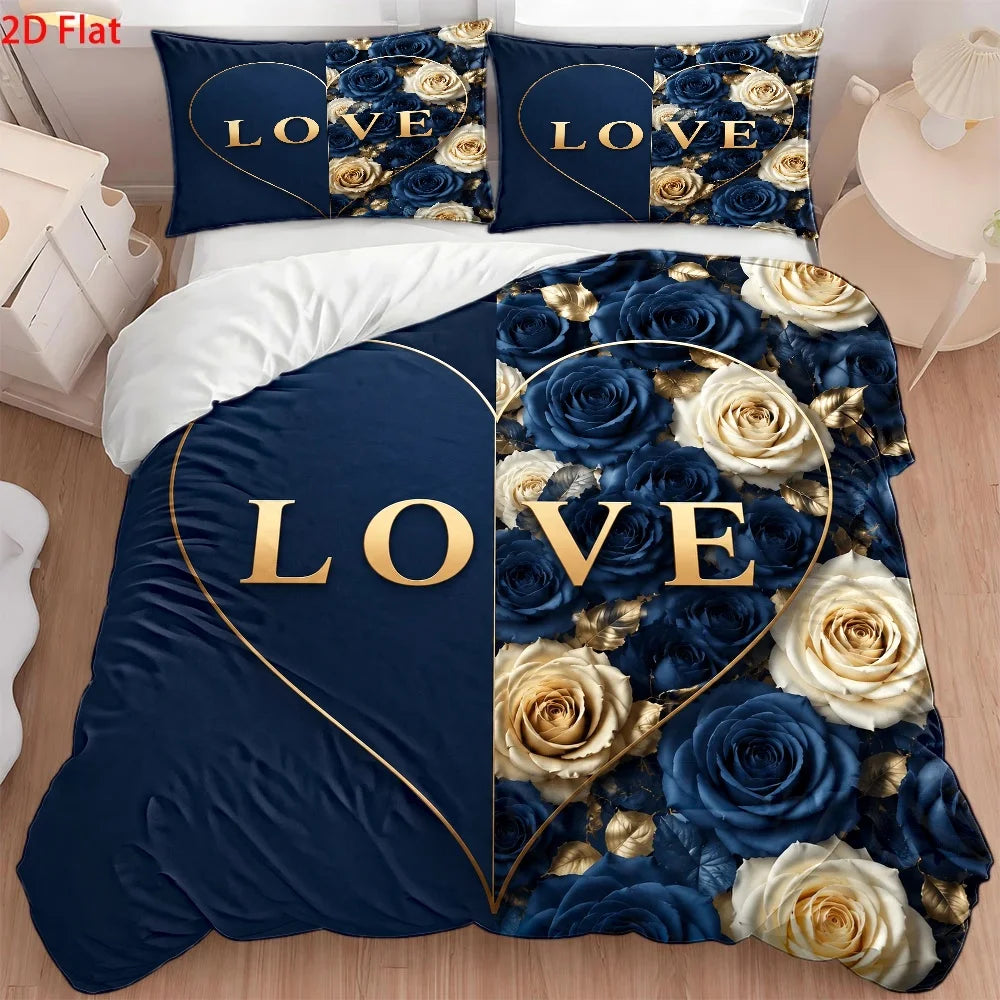 housse couette taies oreiller ensemble literie motif roses love cœur doré romantique bleu doré