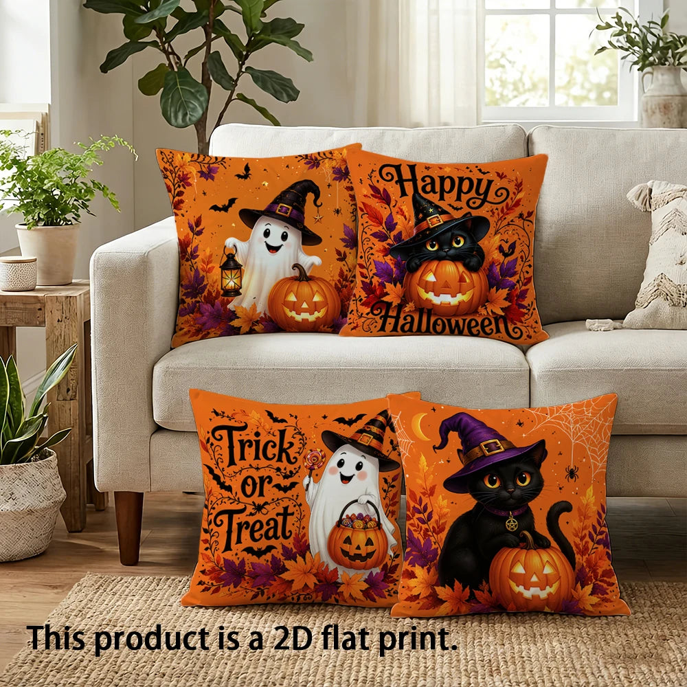 housse coussin motif halloween fantôme citrouille chat noir decoration saisonniere polyester opacité fixations