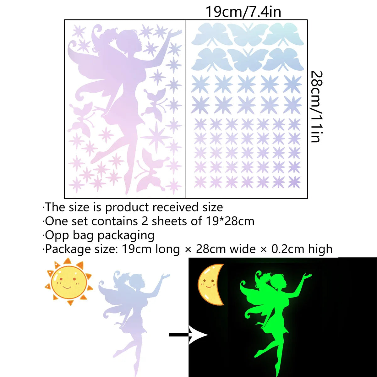 sticker mural fée papillons étoiles vert fluo rose pastel moderne adhésif chambre enfants deco