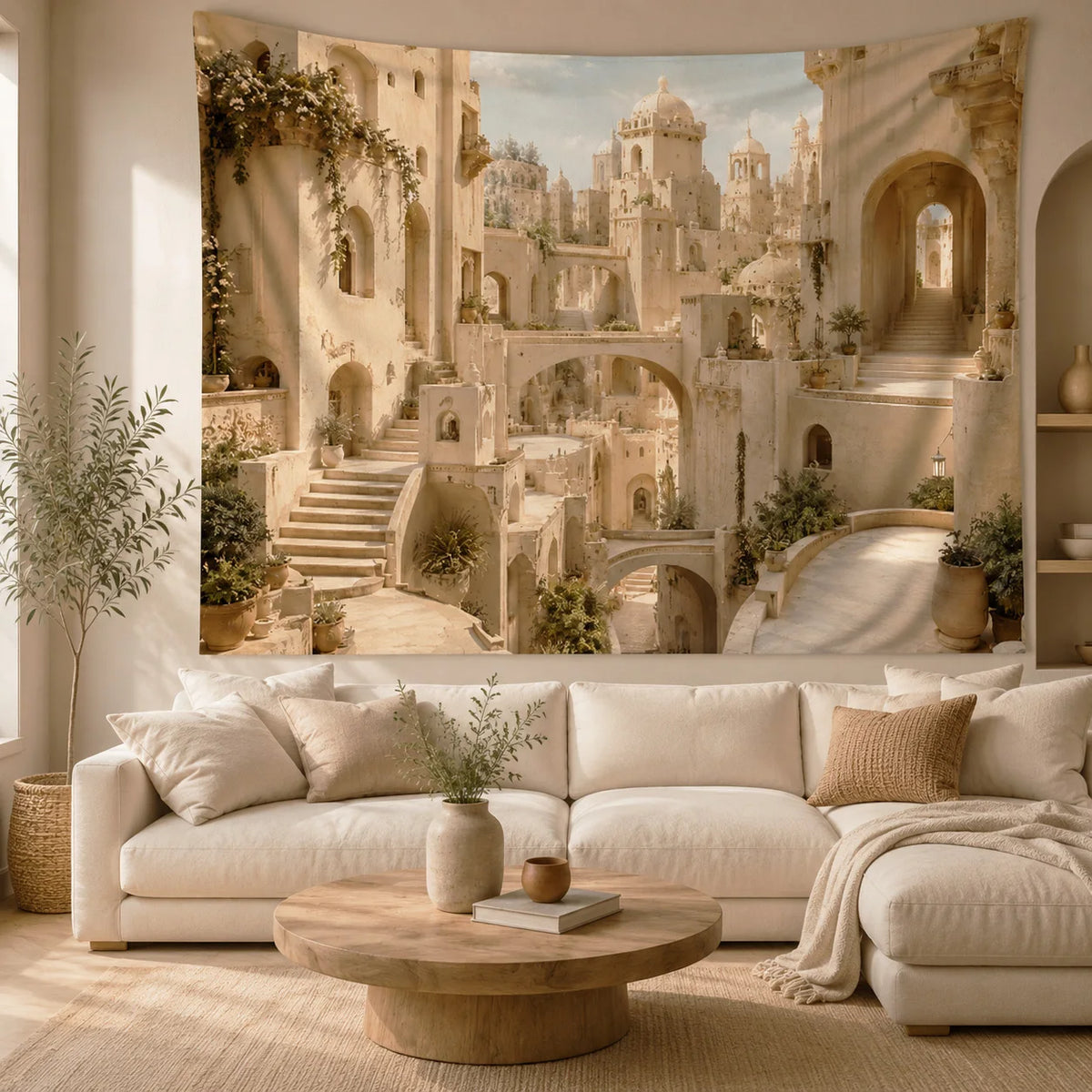 tapisserie murale beige classique paysages architecturaux escaliers arches vintage clips chambre