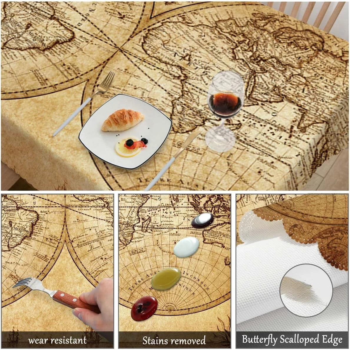 nappe table imperméable carte monde vintage beige marron gravure cartographique réutilisable polyester moderne rectangle