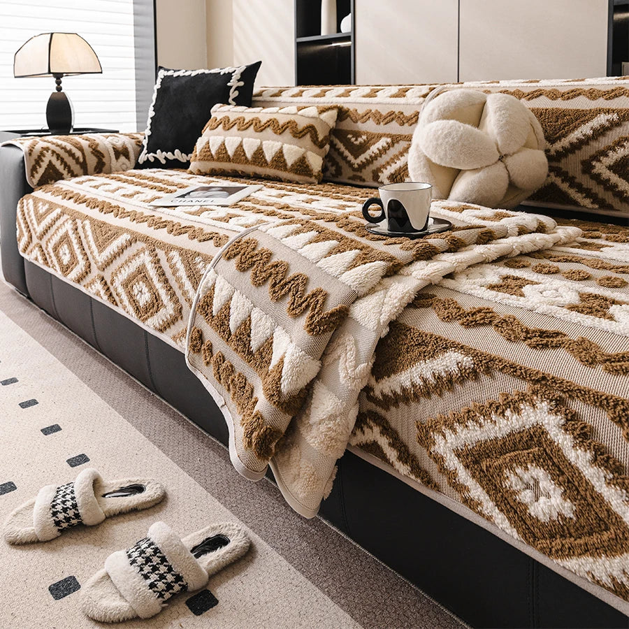 couvre lit moderne motif géométrique doux beige gris marron clair accueil lavable machine