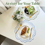 assiettes coton brodées moderne bordure ondulée blanc vert bleu élégantes cuisine