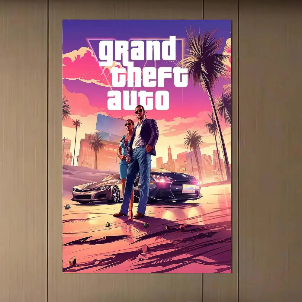 affiche jeu vidéo grand theft auto vi multicolore personnages scènes verte bleue moderne artwork