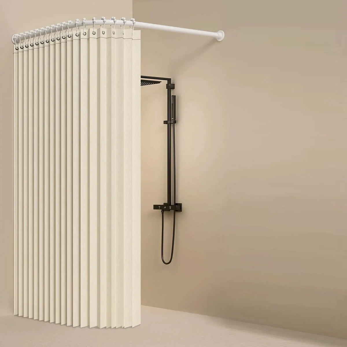rideau douche pliable polyester plissé gris beige moderne opale variable ball hooks aimant sangle