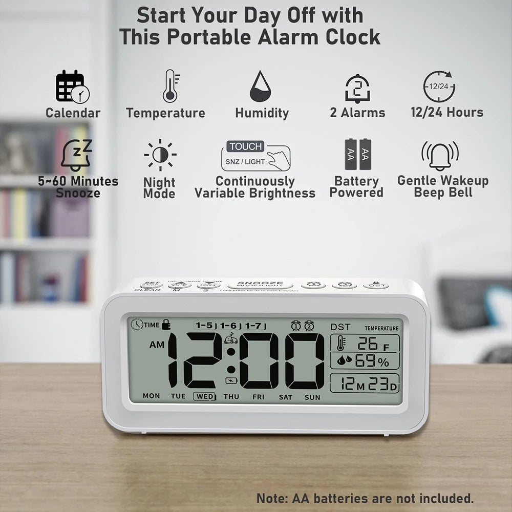 horloge numérique minimaliste blanc noir affichage heure calendrier température humidité deux alarmes mode nuit