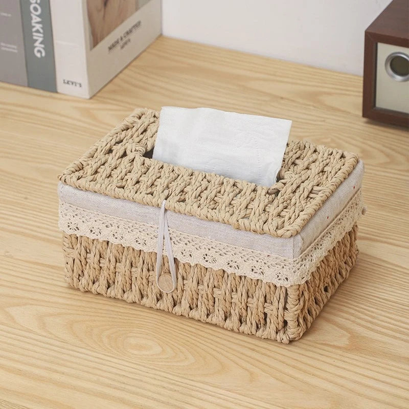 boîte mouchoirs tissu floral paille rustique beige marron salon salle bain amovible tissu large