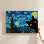 tableau moderne nuit étoilée van gogh chat noir toile sans cadre décoration murale pop
