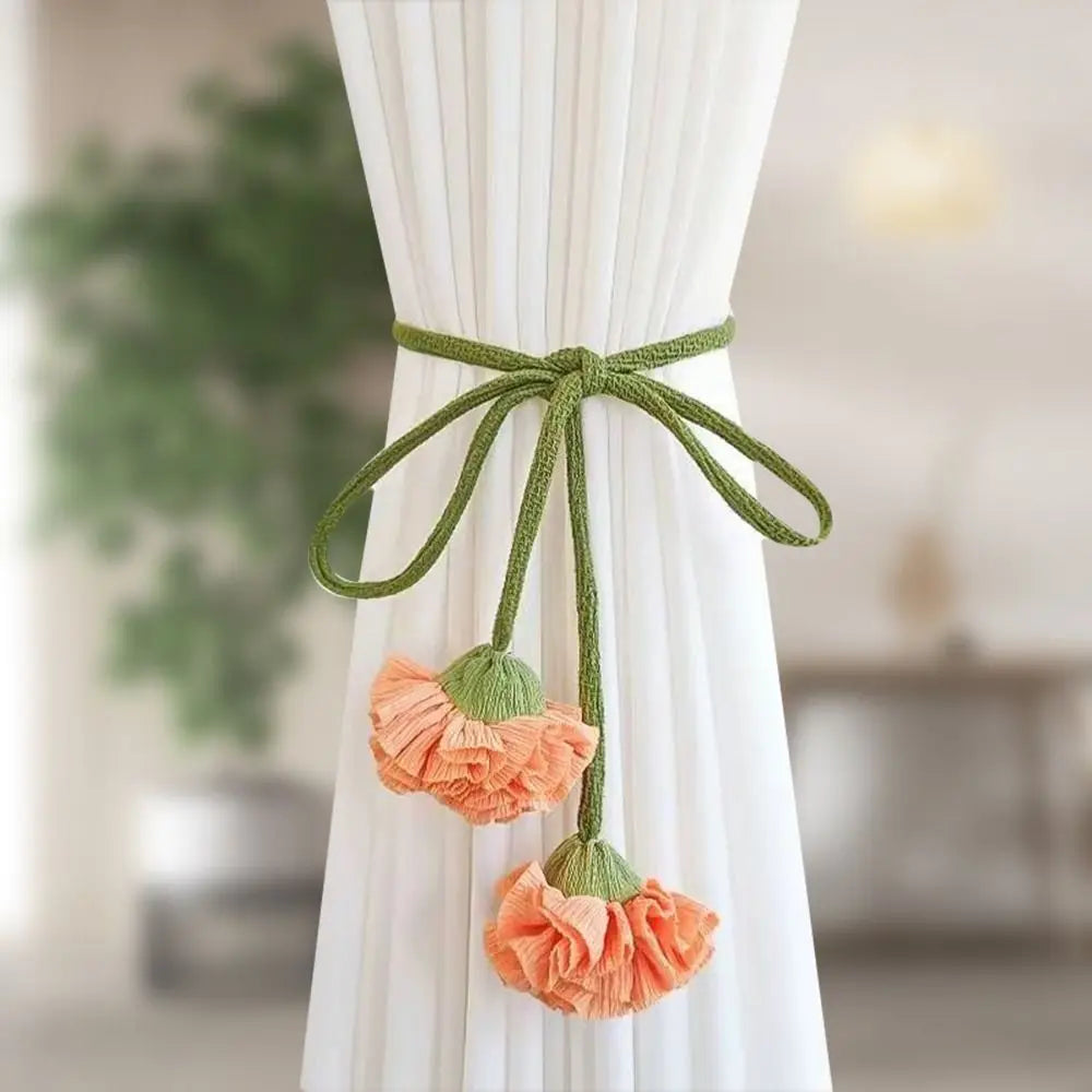 rideau polonais blanc fleurs coton moderne elastic band attache pompon