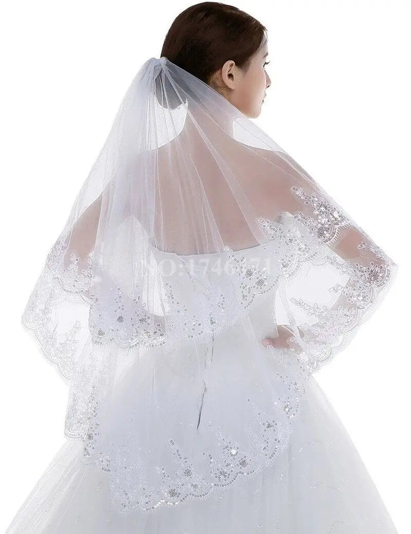 voile mariée blanc dentelle sequins classique clips métalliques translucide élégant future mariée journée spéciale