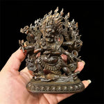 statue religieuse tibetaine bronze figurine details sculptés elements feu crâne base decorée poids indiqué
