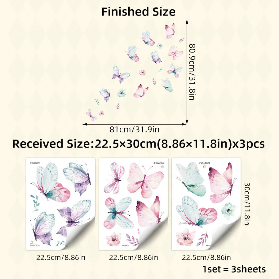 stickers muraux papillons fleurs aquarelle moderne rose bleu violet blanc enfants chambre salon decoration