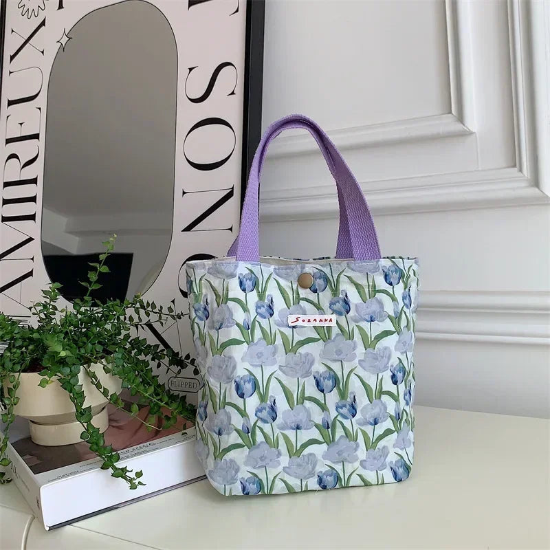 sac provisions toile multicolore fleurs moderne sans fermeture éclair poignées pique nique étudiant lunch