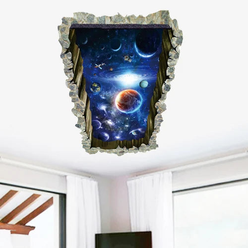 sticker mural 3d multicolore planètes étoiles ciel nocturne nuages effet trompe l’oeil chambre moderne