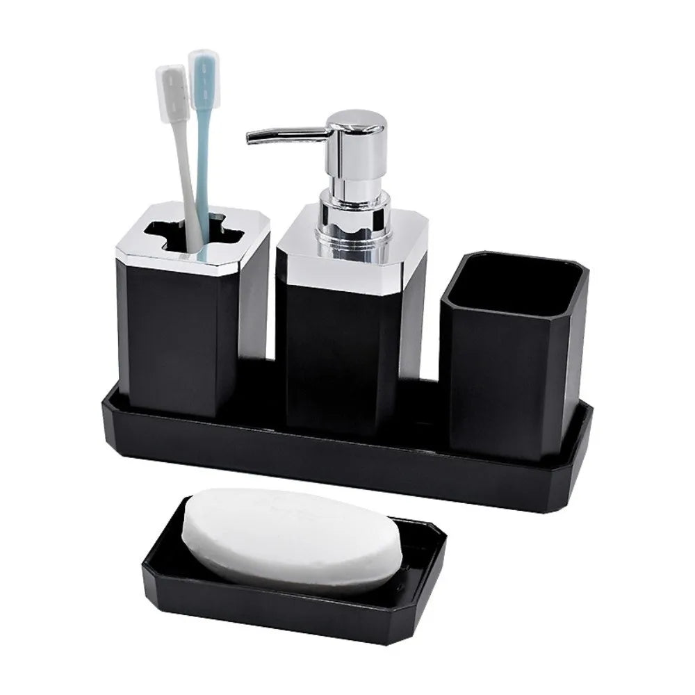 ensemble salle bain moderne porte brosse dents porte gobelet distributeur savon plateau bambou noir