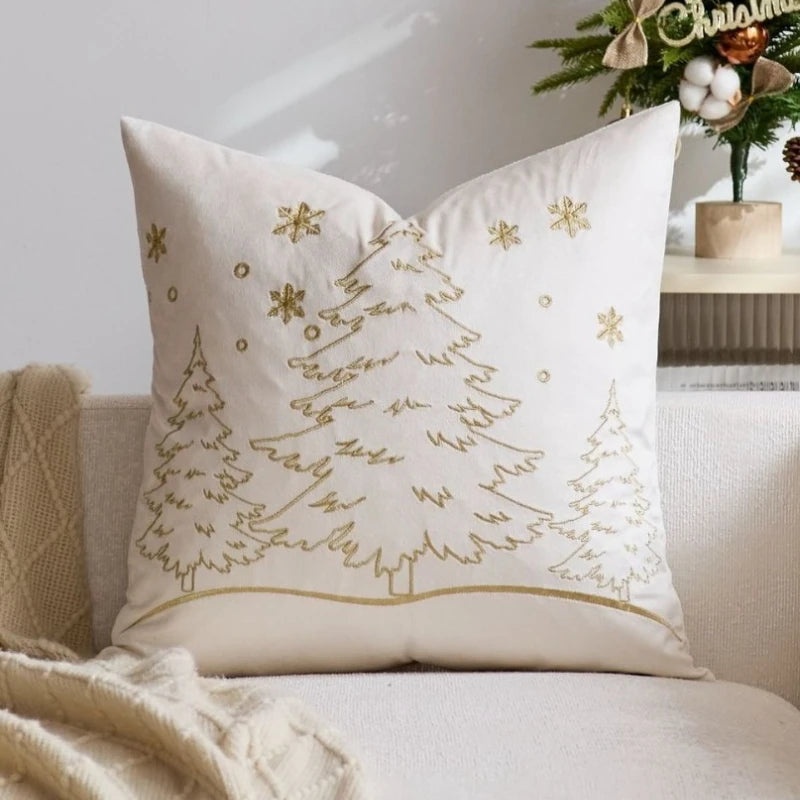 housse coussin brodée arbre noël moderne 45x45cm polyester coton velours rouge vert bleu gris