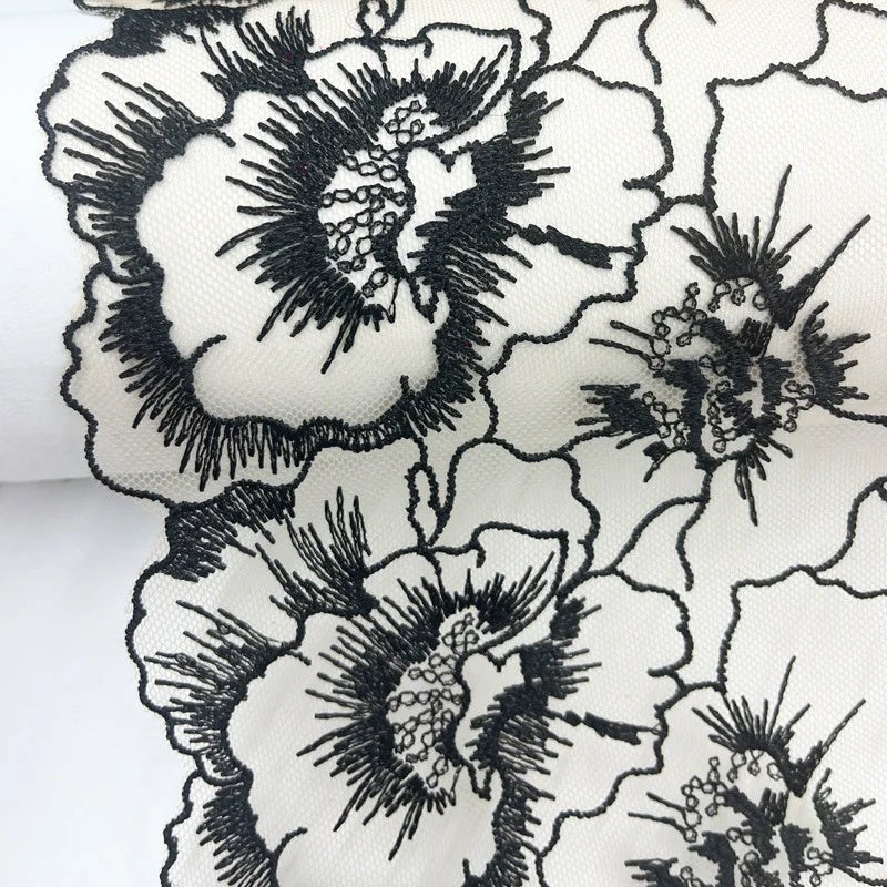 tissu dentelle brodée fleurs blanc rose noir vert bleu translucide 20cm élastique écologique trims